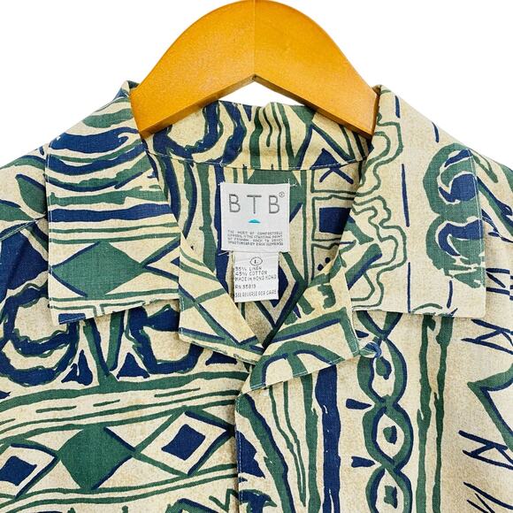 BTB Hawaiian Shirt Men's Large Tan Green Tropical Short Sleeve Button Up Linen - Picture 2 of 9